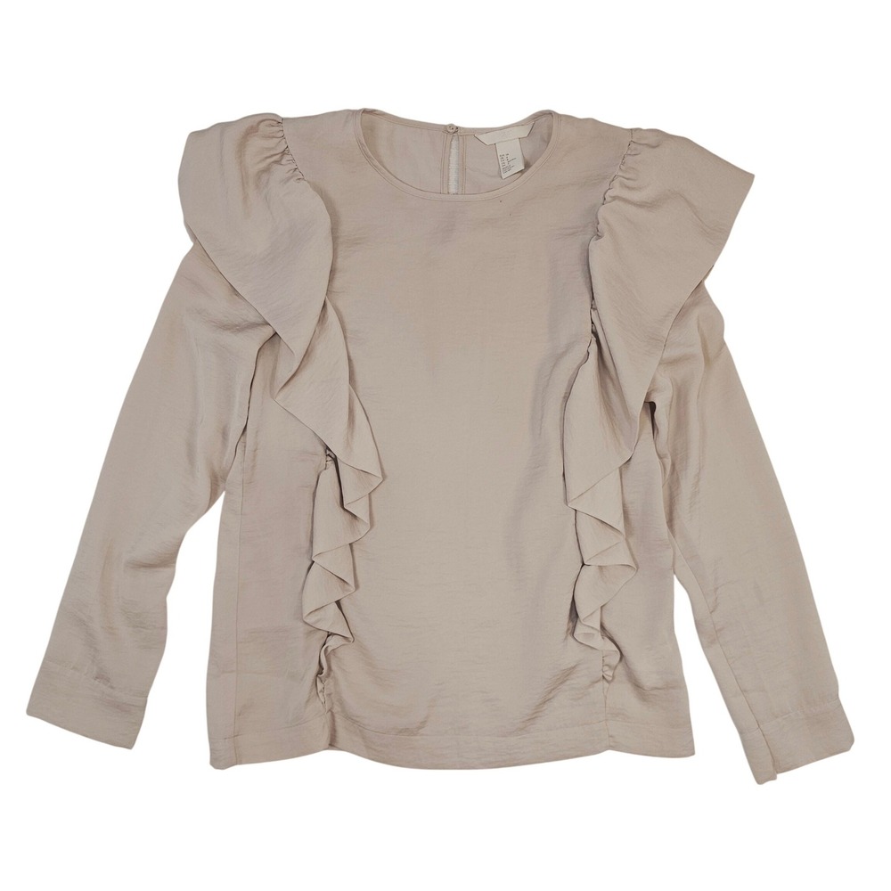 HM Womens Taupe Ruffle Front Satin‎ Blouse Long Sleeve Round Neck Top Size 4